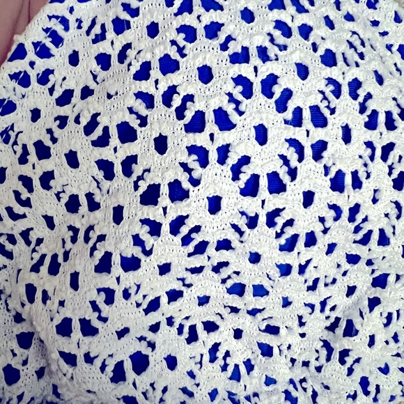 White Crochet Blue Underlay Pearl Accents Side Tie Bikini Set - Picture 7 of 12